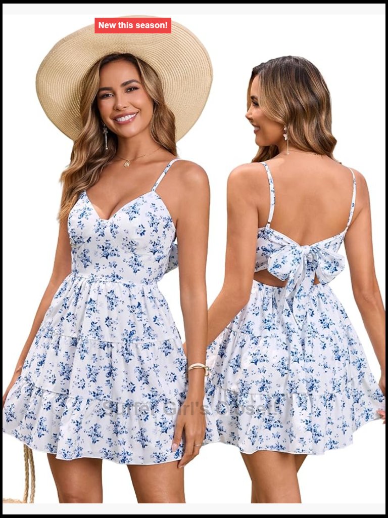 Women Casual Summer Floral Mini Sundress V Neck Bow Tie Backless Flowy Boho